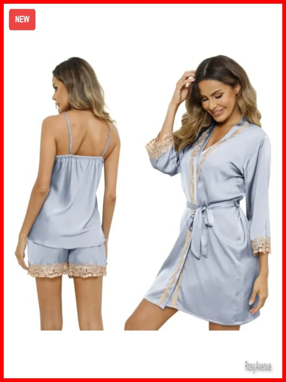 5 Pc Silk Pajama Set Satin Sleepwear Loungewear Robe Camisole Shorts Pants